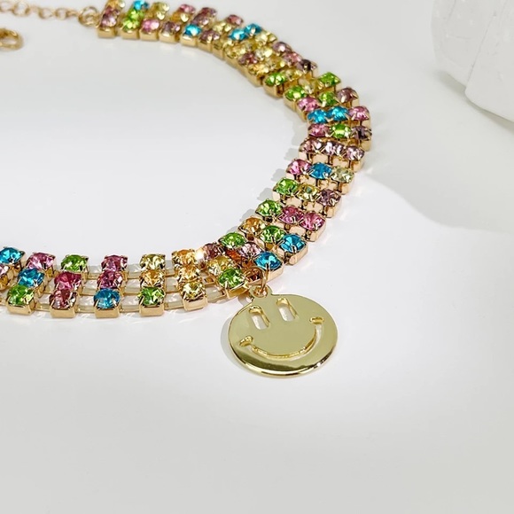 Zara Rainbow Rhinestone Smiley Charm Choker Necklaces + Chain - Picture 2 of 14